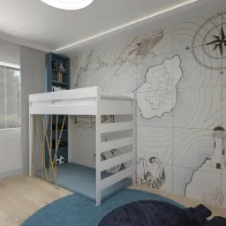 Pokój dziecięcy z białym łóżkiem piętrowym z linami zamiast nóg, niebieskim regałem, dywanem i tapetą w mapę świata z motywami morskimi.