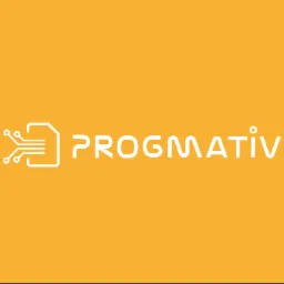 Logo firmy Progmativ z białym symbolem układu scalonego po lewej stronie i nazwą firmy po prawej na pomarańczowym tle.