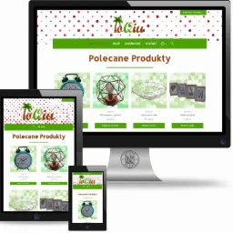 Responsywna strona sklepu internetowego 'ToQiu' wyświetlana na monitorze, tablecie i smartfonie, prezentująca ofertę dekoracji, w tym złoty lampion z żarówką, nowoczesne miski i ramki na zdjęcia.