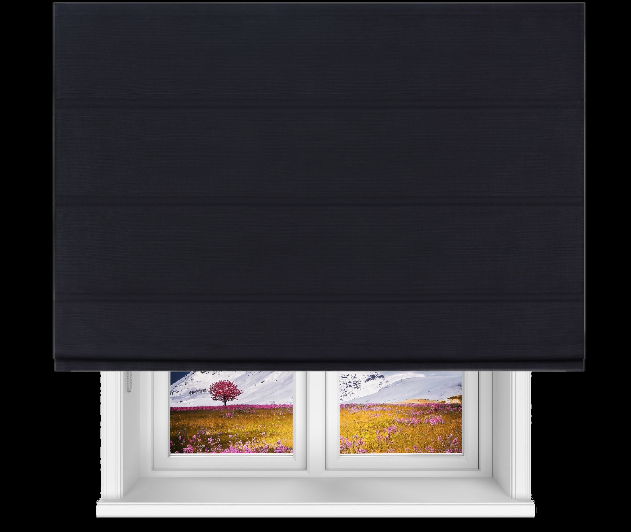 Ciemna roleta rzymska częściowo zasłonięta, z widokiem na górski krajobraz z kwitnącymi kwiatami i pojedynczym drzewem w oknie.