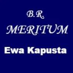 Logo firmy B.R. MERITUM Ewa Kapusta na ciemnoniebieskim tle.