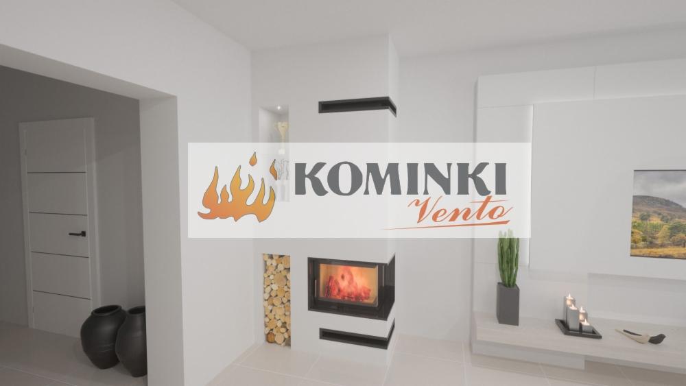 Wizualizacja nowoczesnego salonu z białym kominkiem z paleniskiem, obok ułożone drewno, minimalistyczny wystrój wnętrza, w tle drzwi i dekoracje.