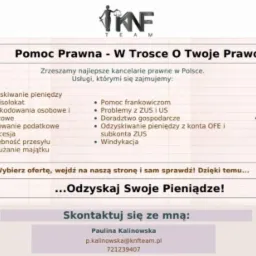Grafika reklamowa kancelarii prawnej KNF Team, oferującej pomoc prawną w zakresie odzyskiwania pieniędzy z polisolokat, odszkodowań, planowania podatkowego, oddłużania, pomocy frankowiczom...