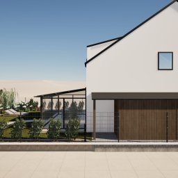 DREAMS DESIGN STUDIO - Wizualizacja domu z ogrodem. Minimalistyczna bryła budynku z drewnianą elewacją i szklaną oranżerią. Ogród z roślinami, trawnikiem i elementami małej architektury.