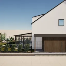 Wizualizacja domu z ogrodem. Minimalistyczna bryła budynku z drewnianą elewacją i szklaną oranżerią. Ogród z roślinami, trawnikiem i elementami małej architektury.
