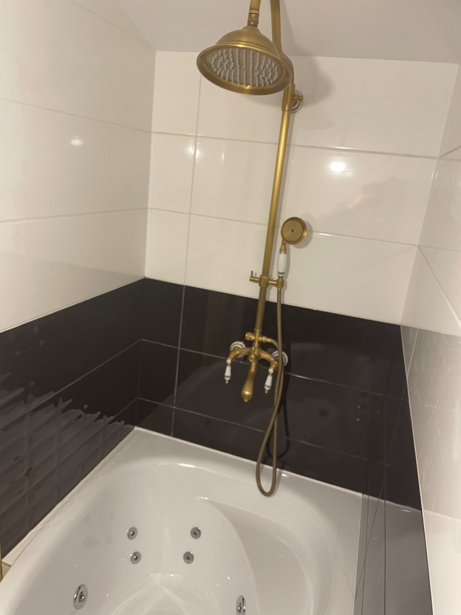 Nowoczesna łazienka z wanną jacuzzi, czarno-białymi płytkami i złotą armaturą prysznicową w stylu retro.