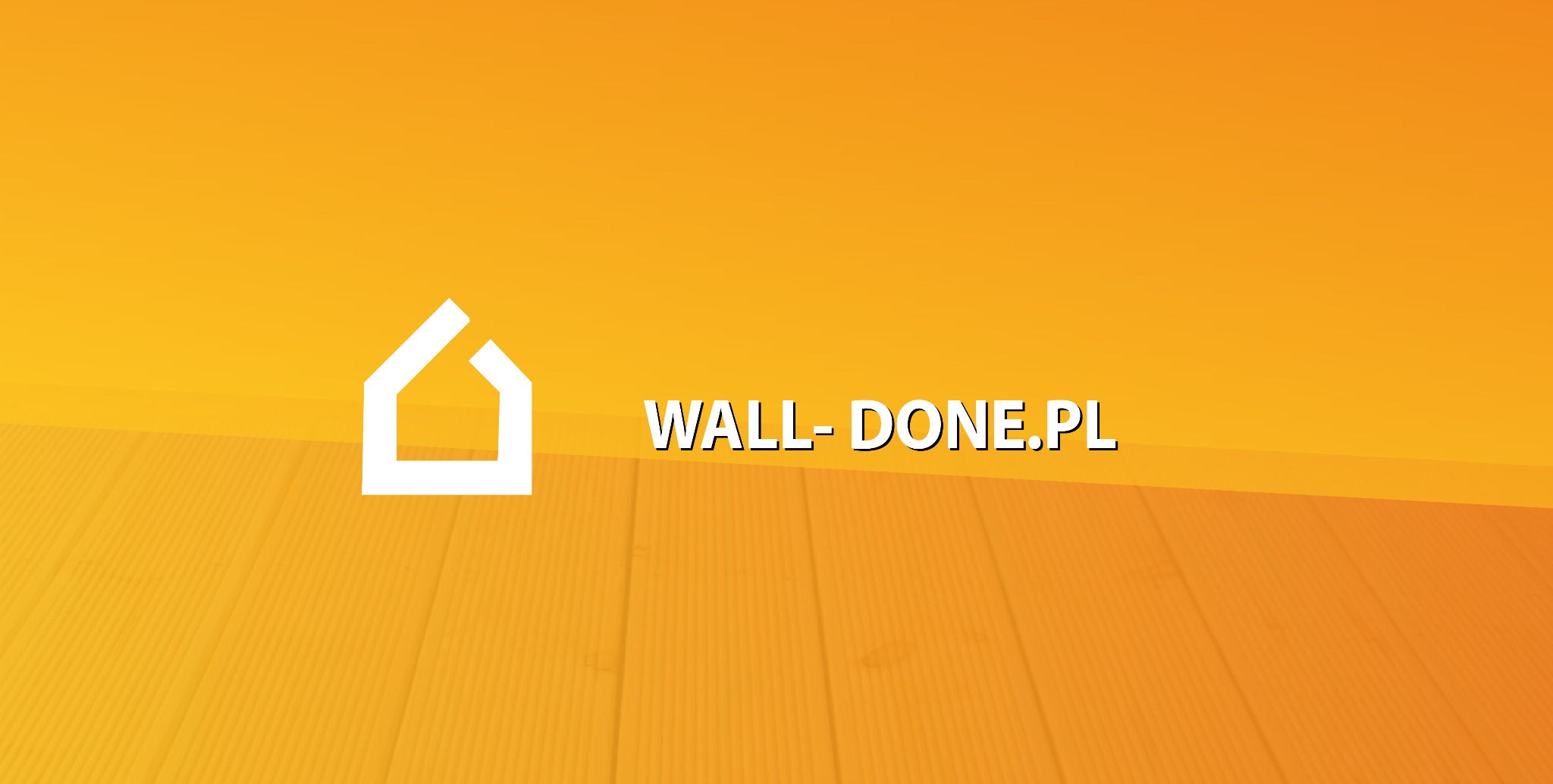 Grafika z logo firmy WALL-DONE.PL w kolorze białym na pomarańczowym tle z subtelnym deseniem drewna.