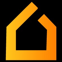 Stylizowane logo w kształcie konturu domu, gradient pomarańczowo-żółty, na czarnym tle.