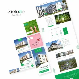 Prezentacja strony internetowej osiedla mieszkaniowego Zielove z wizualizacjami budynków, zieleni i planami mieszkań, wyświetlana pod kątem.