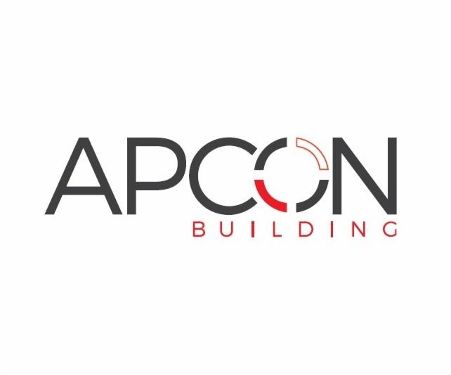 Logo firmy APCON Building z częściowo wypełnionym okręgiem w kolorze czerwonym w literze 'O'.