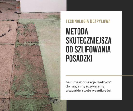 Fragment posadzki z widocznymi śladami zabrudzeń i obszarem po czyszczeniu, obok grafika z tekstem 'Technologia bezpyłowa. Metoda skuteczniejsza od szlifowania posadzki'.