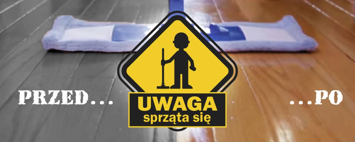 Porównanie podłogi przed i po myciu mopem płaskim, z nakładką z mikrofibry, z żółtym znakiem ostrzegawczym 'Uwaga sprząta się' na środku.