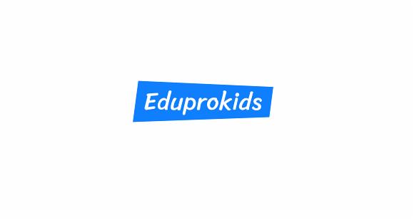 Logo Eduprokids: biały napis na pochylonym, jasnoniebieskim prostokącie, na białym tle.