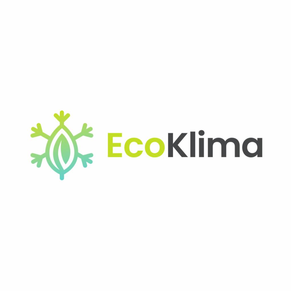 Logo firmy EcoKlima z symbolem liścia otoczonego promieniami w odcieniach zieleni i błękitu, nazwa firmy w kolorach zielonym i szarym.