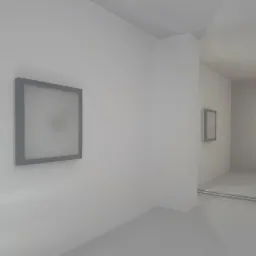 Nowoczesne, minimalistyczne wnętrze z zamontowanymi kwadratowymi panelami LED oświetlającymi pomieszczenie. Widoczna instalacja elektryczna w podłodze.