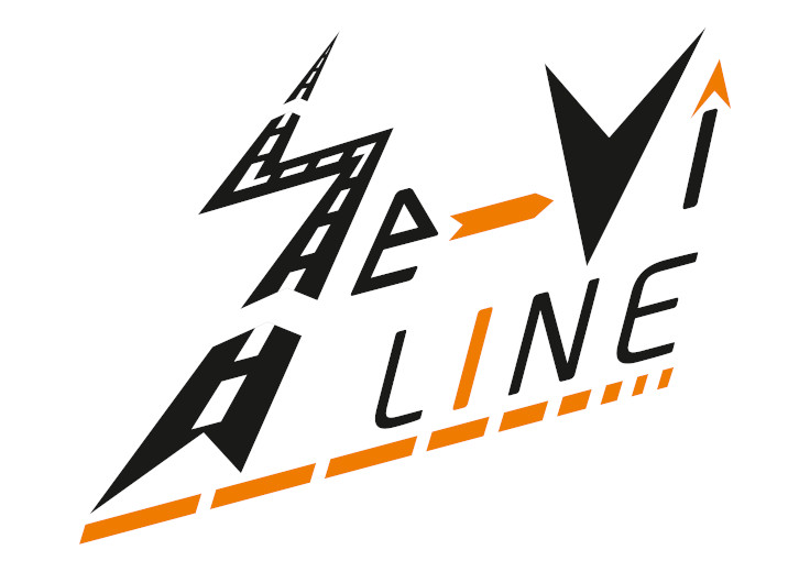 Graficzne logo 'A-Line' z motywem drogi, strzałki i dynamicznej perspektywy w kolorach czarnym i pomarańczowym na białym tle. Symbolizuje transport i kierunek.