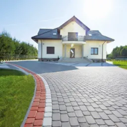 Podjazd do domu jednorodzinnego wyłożony szarą kostką brukową z czerwono-białym obrzeżem, widok z poziomu gruntu w słoneczny dzień.