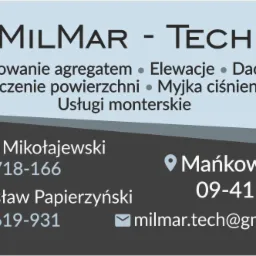 Wizytówka firmy Milmar-Tech oferującej malowanie agregatem, elewacji i dachów, czyszczenie powierzchni, myjką ciśnieniową oraz usługi monterskie. Kontakt: Mariusz Mikołajewski, Przemysław...