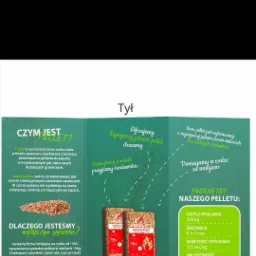 Ulotka reklamowa pelletu drzewnego z informacjami o parametrach, opakowaniu i zaletach ekologicznych.
