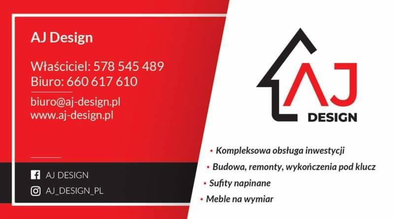Wizytówka firmy AJ Design z logo w kształcie domu i informacjami kontaktowymi oraz zakresem usług: kompleksowa obsługa inwestycji, budowa, remonty, wykończenia pod klucz, sufity napinane, meble...