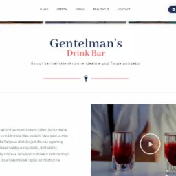 Strona internetowa Gentelman's Drink Bar z nagłówkiem, menu i sekcją 'O nas' z tekstem i wideo prezentującym drinki.