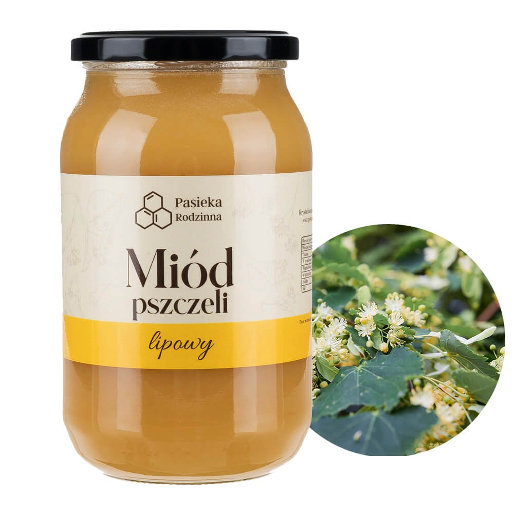 Słoik miodu lipowego z etykietą 'Pasieka Rodzinna' na tle kwitnącej lipy.