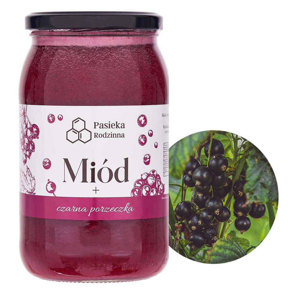 Słoik ciemnego, gęstego produktu z etykietą 'Pasieka Rodzinna' i dopiskiem 'czarna porzeczka', obok okrągła grafika przedstawiająca kiść czarnych porzeczek na krzaku.