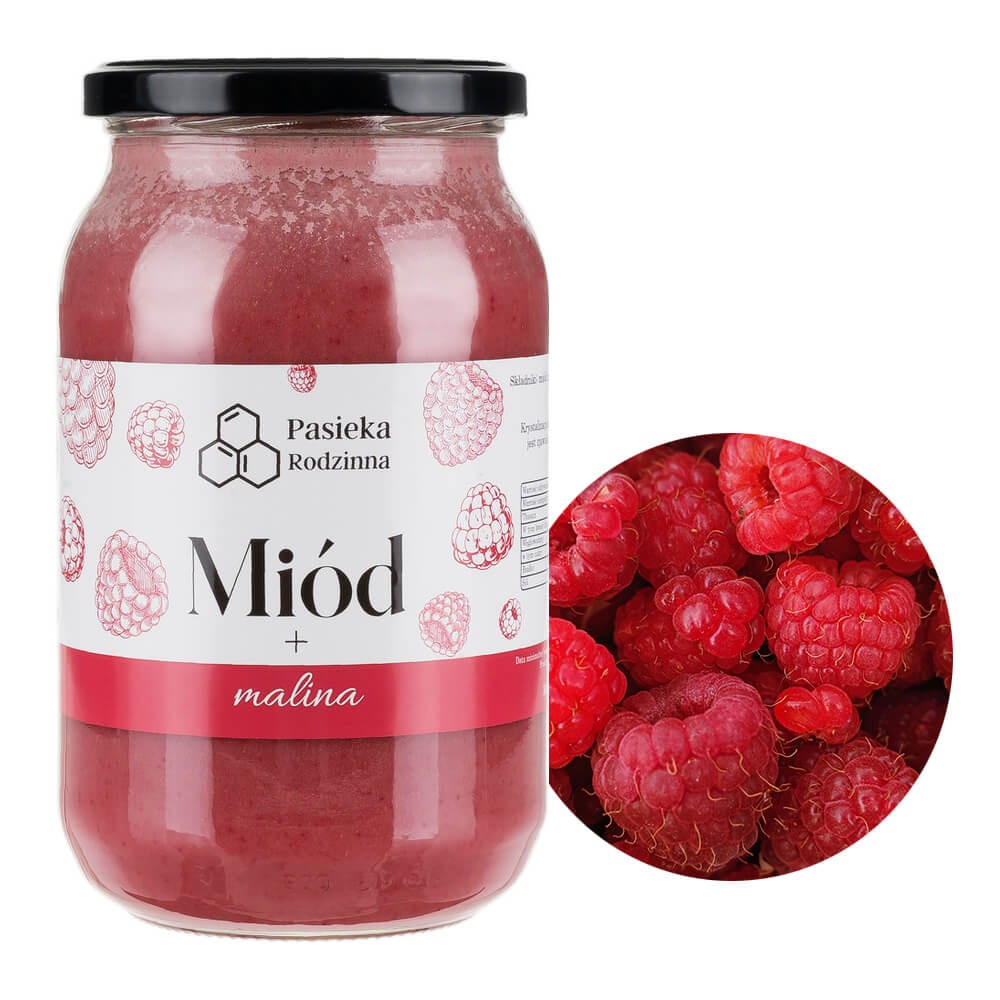 Słoik z miodem malinowym z etykietą 'Pasieka Rodzinna' i obok okrągły wycinek pełen świeżych malin.