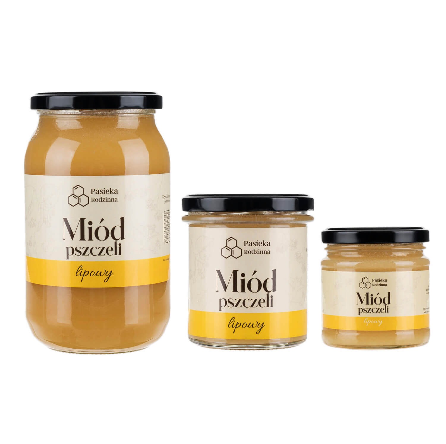 Trzy słoiki z lipowym nektarem pszczelim o różnej pojemności, z etykietami Pasieka Rodzinna, ustawione obok siebie na białym tle.
