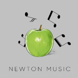 Ilustracja przedstawia zielone jabłko otoczone nutami muzycznymi na szarym tle, z napisem 'NEWTON MUSIC' na dole.