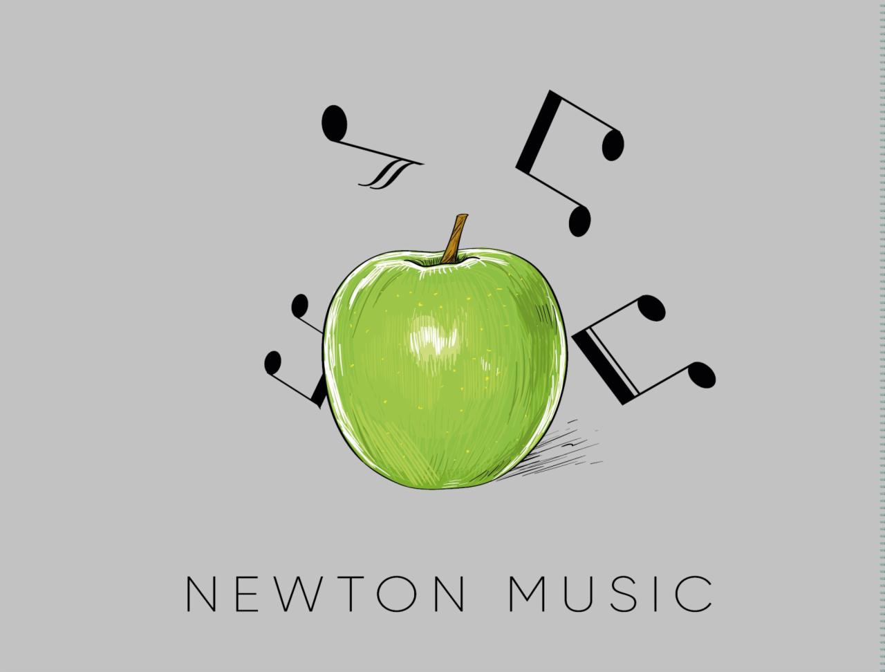 Ilustracja przedstawia zielone jabłko otoczone nutami muzycznymi na szarym tle, z napisem 'NEWTON MUSIC' na dole.