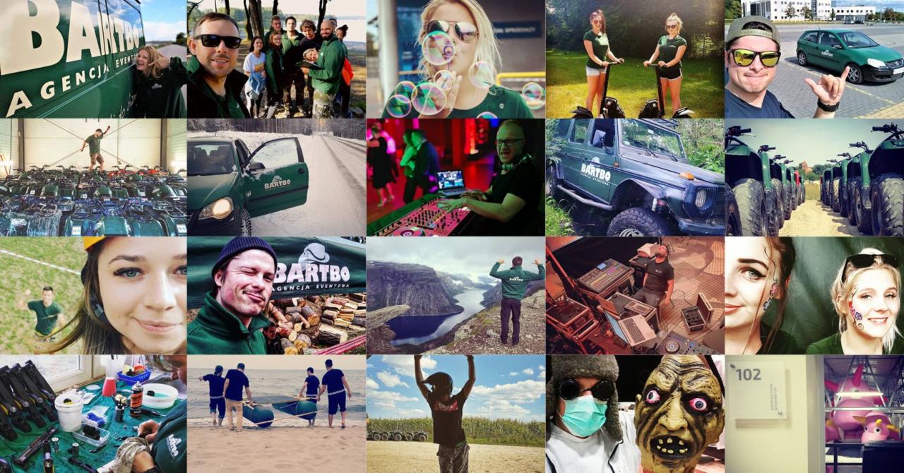 Kolaż zdjęć z działalności firmy eventowej: pojazdy terenowe, obsługa imprez plenerowych, DJ, logo firmy na pojazdach i odzieży, zdjęcia portretowe pracowników.