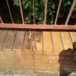 Ceglany murek z widocznymi śladami czyszczenia, częściowo umyty, z metalowym ogrodzeniem w tle i zielenią za nim.