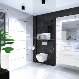 Wizualizacja nowoczesnej łazienki z czarno-białymi marmurowymi płytkami, białymi meblami, wiszącą toaletą i rośliną doniczkową w rogu.