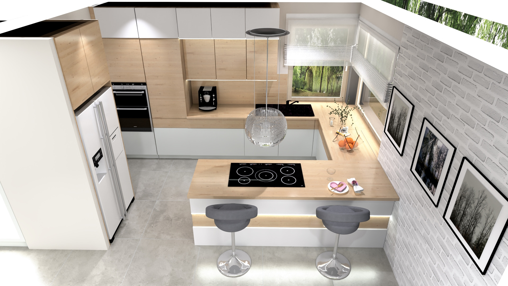 Wizualizacja nowoczesnej kuchni z drewnianymi i białymi szafkami, wyspą z płytą indukcyjną i dwoma szarymi hokerami, oświetleniem punktowym i dekoracjami na blacie, widok z góry.