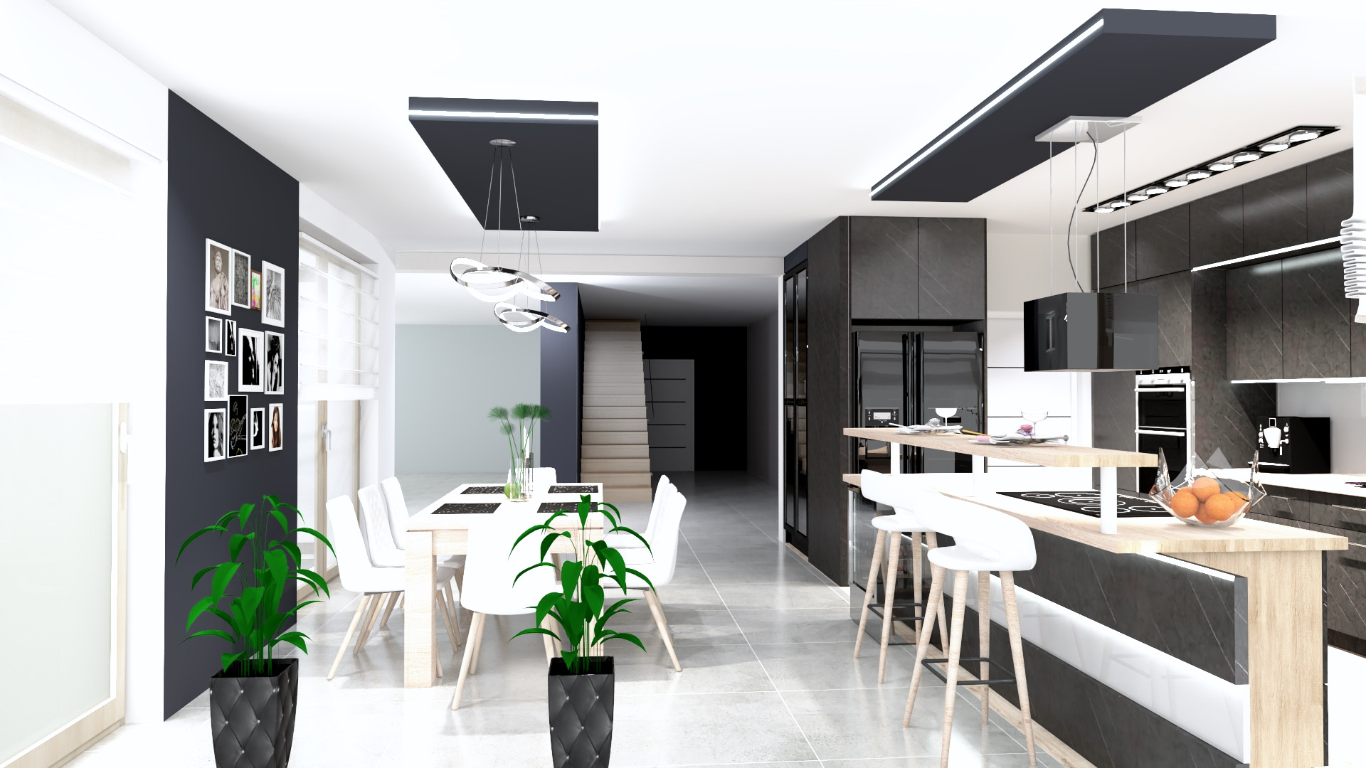Wizualizacja przestronnego, nowoczesnego wnętrza z otwartą kuchnią, jadalnią i schodami; przewaga bieli i szarości, designerskie oświetlenie, minimalistyczne meble, dekoracyjne rośliny...