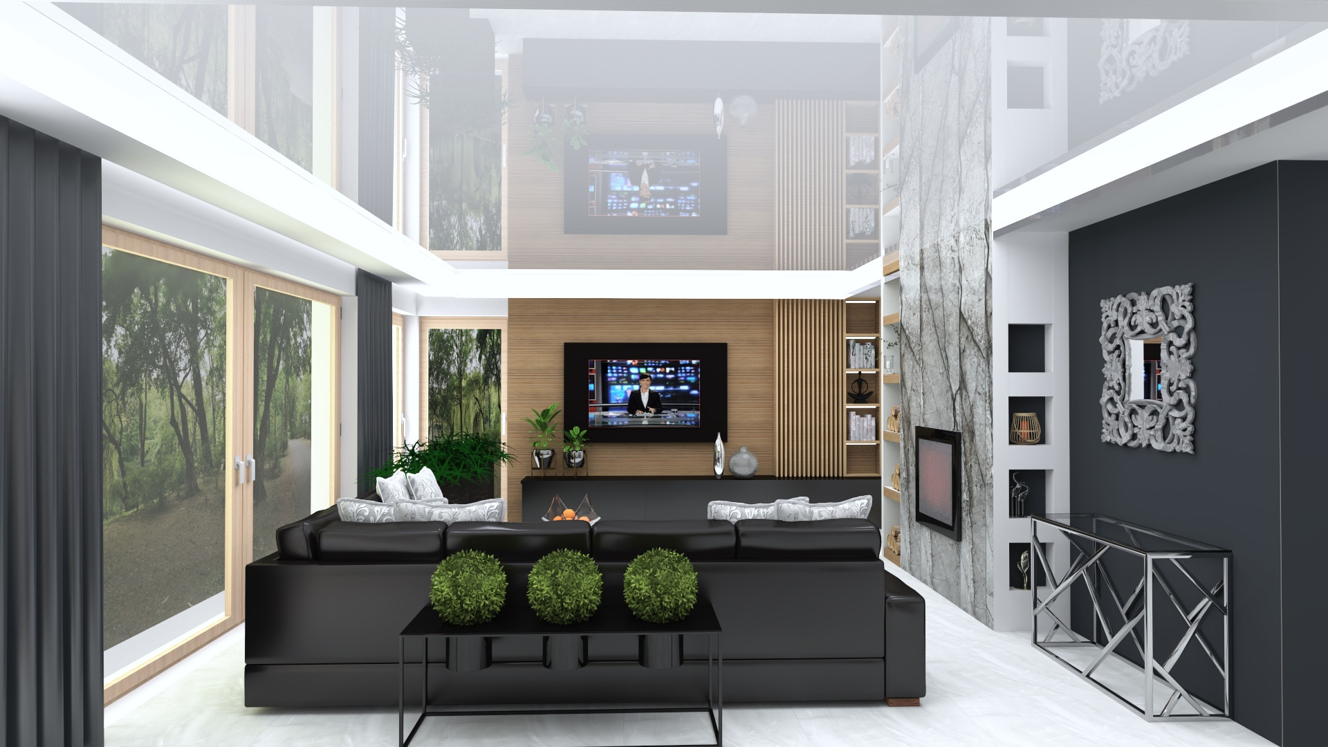 Wizualizacja salonu z wysokim sufitem, czarną skórzaną sofą narożną, niskim stolikiem kawowym z trzema kulami z zieleni, ścianą z forniru drewnianego z telewizorem i półkami, marmurową ścianą...