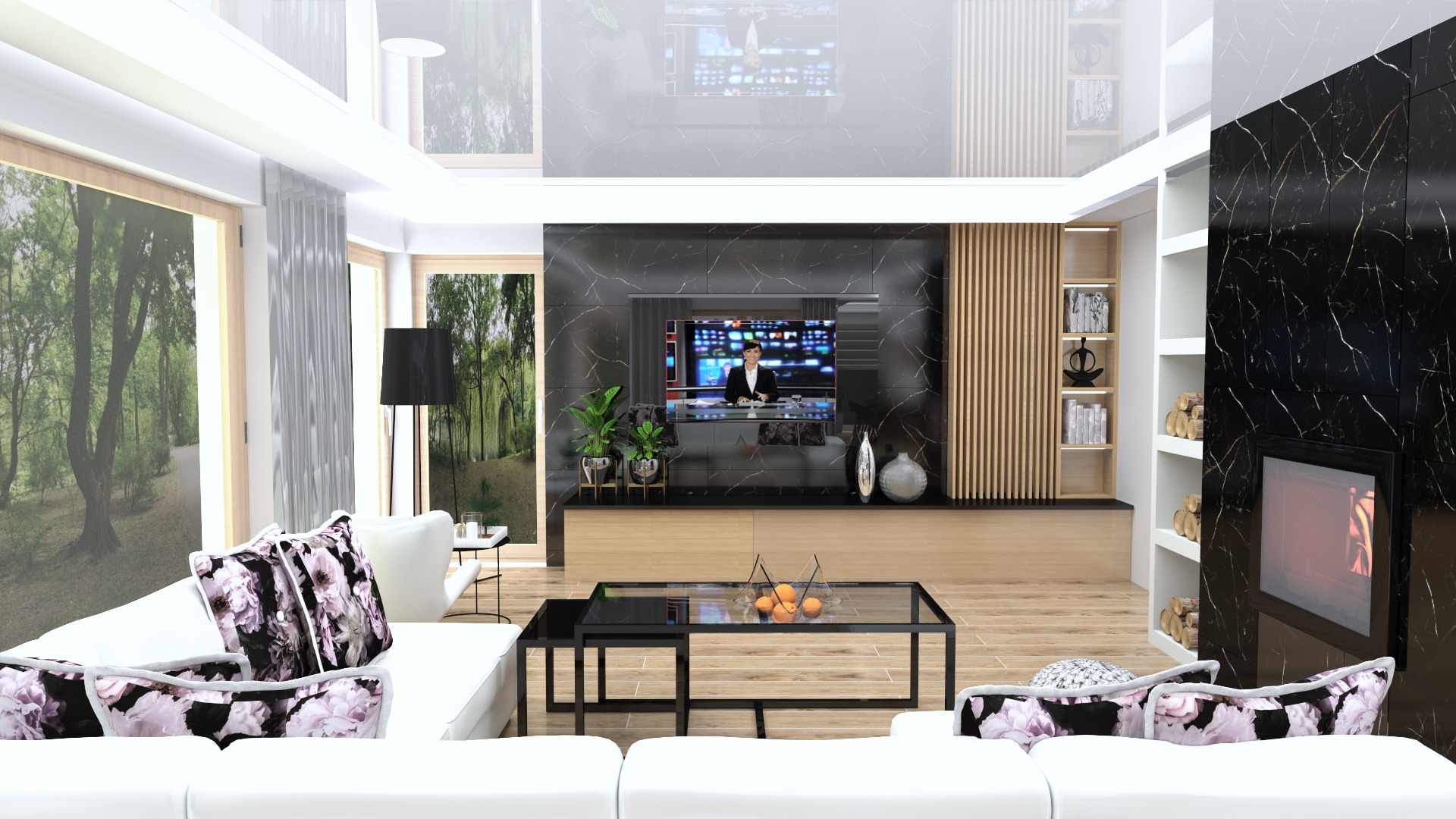 Nowoczesny salon z białym narożnikiem w kwiaty, czarnym marmurem na ścianie z telewizorem, biokominkiem i drewnianymi lamelami, widok na las za oknem.