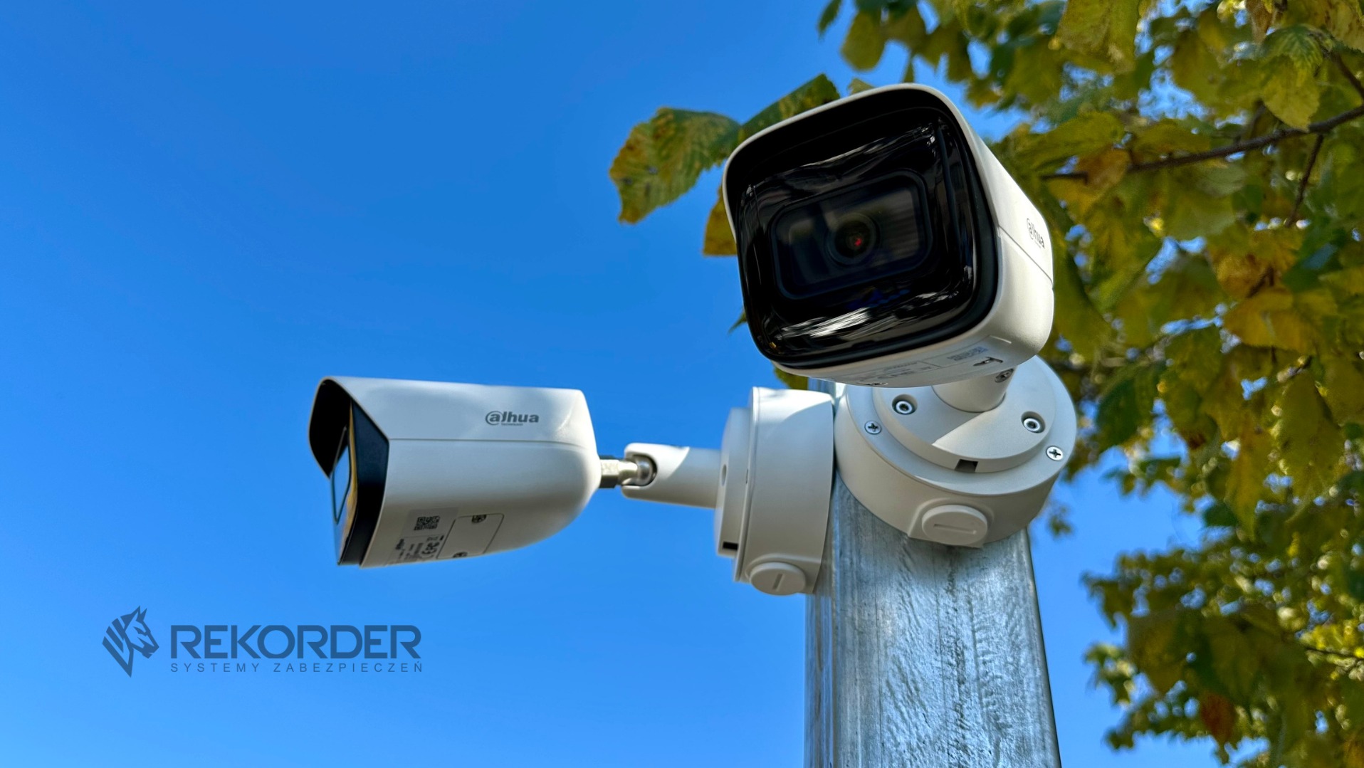 Dwie kamery Dahua na słupie, skierowane w różnych kierunkach, na tle błękitnego nieba i zielonych liści. Widoczne logo firmy Rekorder.