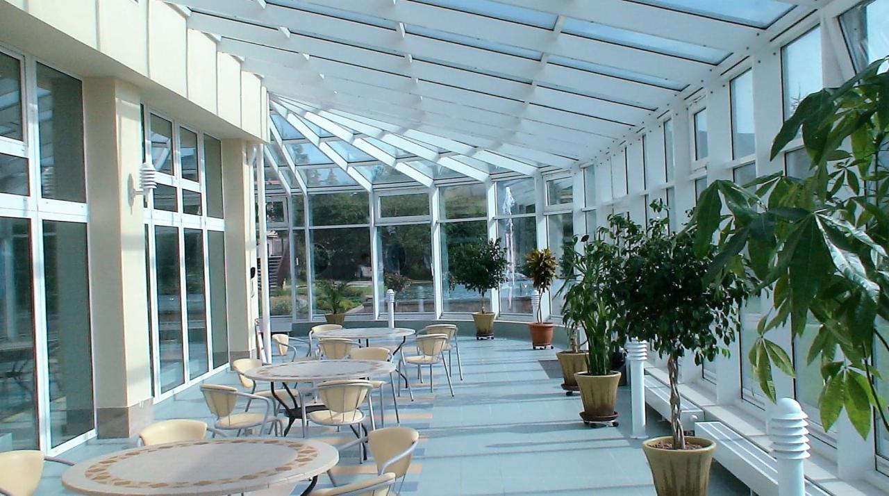 Jasne wnętrze oranżerii w Bielsko-Białej z licznymi oknami, przeszklonym dachem, okrągłymi stolikami z krzesłami i roślinami doniczkowymi, widok na fontannę na zewnątrz.