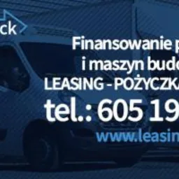 Reklama firmy oferującej finansowanie pojazdów i maszyn budowlanych; widoczne samochody dostawcze i logo 'leasingtruck' w lewym górnym rogu.