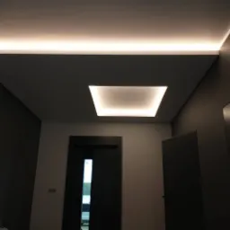 Nowoczesny przedpokój z podwieszanym sufitem, oświetlenie LED w formie prostokątnej wnęki i listwy, ciemne drzwi i ściany w odcieniach szarości.