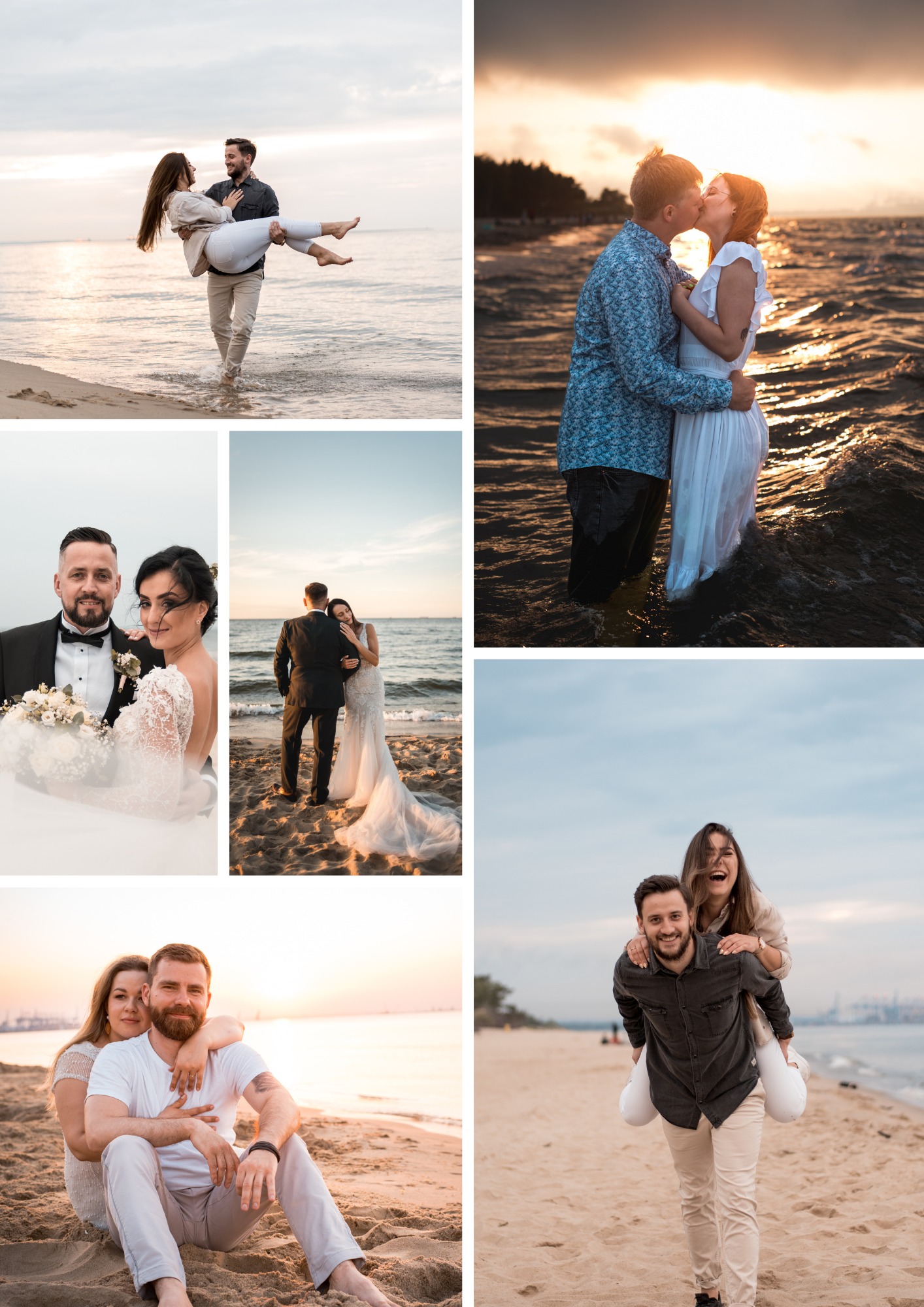 Kolaż zdjęć par na plaży: mężczyzna trzyma kobietę na rękach w wodzie, para całująca się na tle zachodzącego słońca, elegancka para w strojach ślubnych, para siedząca na piasku oraz mężczyzna...