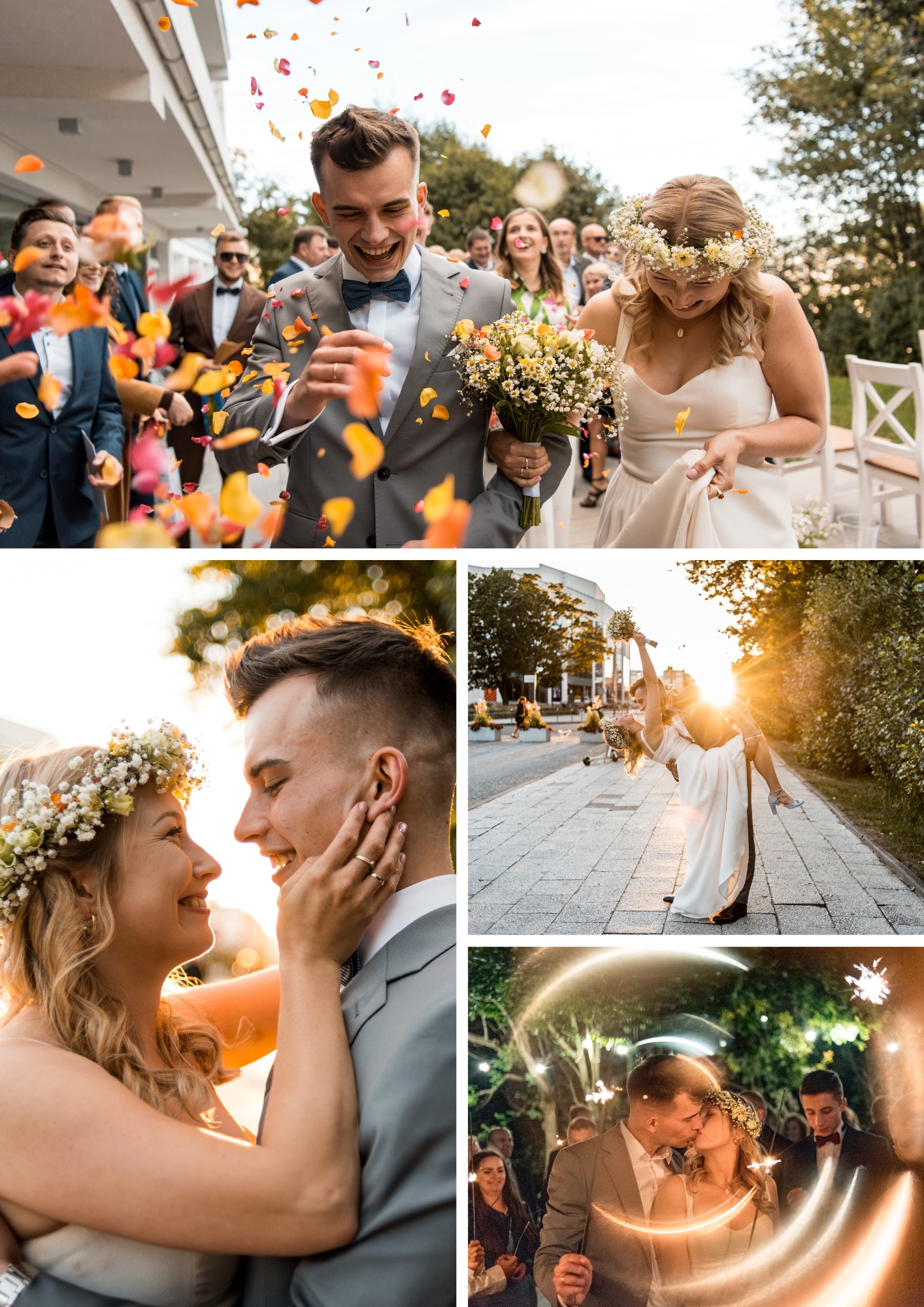 Kolaż z czterech ujęć: para młoda wychodzi spod kaskady płatków kwiatów, zbliżenie uśmiechniętej pary w kontraście ze słońcem, pan młody podnosi pannę młodą na chodniku w promieniach zachodzącego...