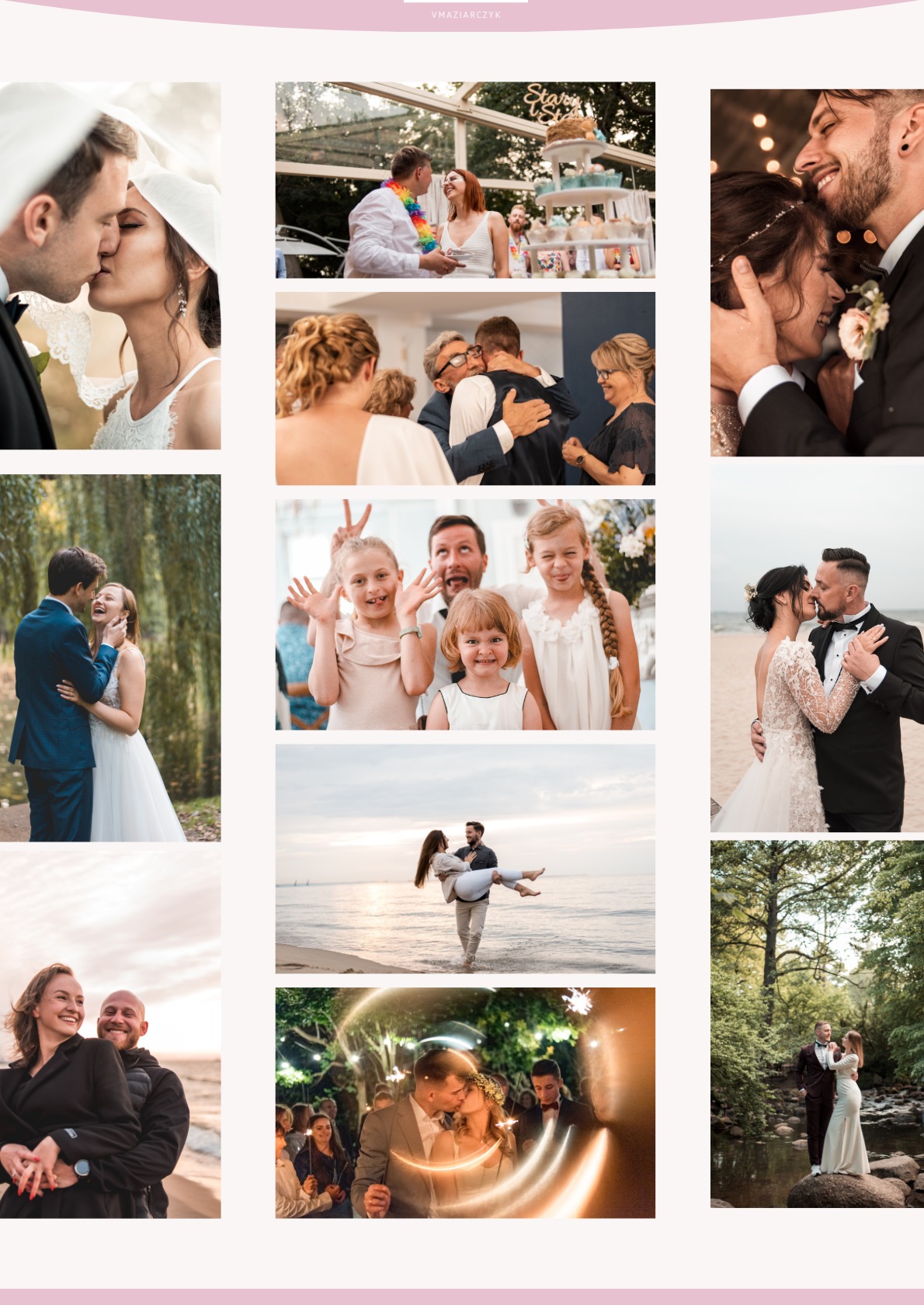 Kolaż z różnorodnych ujęć ślubnych: pocałunek pod welonem, para z tęczową girlandą, uścisk z rodziną, dzieci z zabawnymi minami, pocałunek na plaży, panna młoda niesiona przez pana młodego, para...