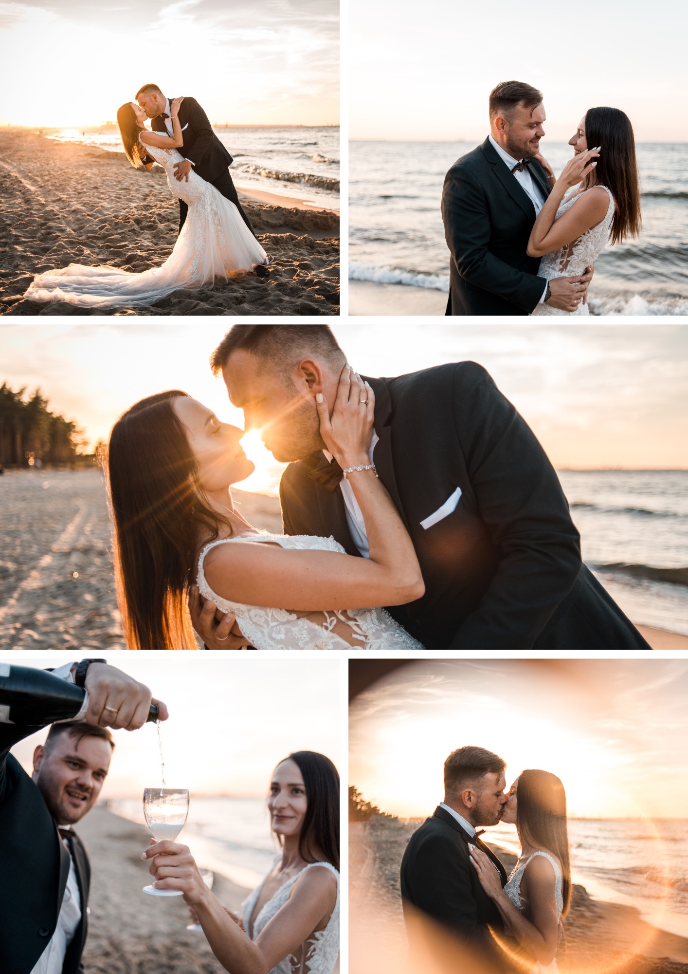 Kolaż z pięciu zdjęć przedstawiających parę młodą na plaży o zachodzie słońca: pocałunki, czułe gesty, wznoszenie toastu szampanem.