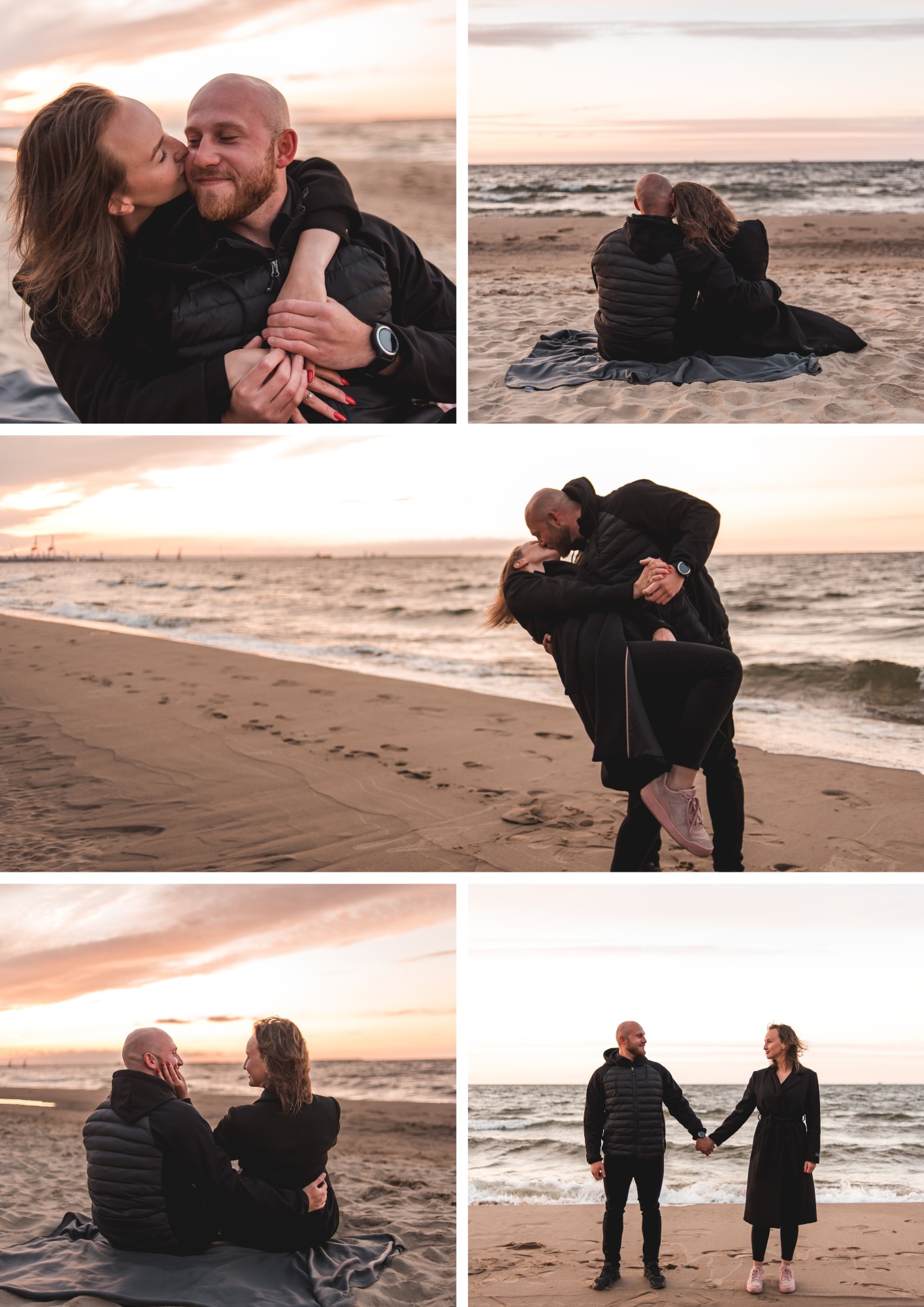 Kolaż zdjęć zakochanej pary na plaży o zachodzie słońca: pocałunki, obejmowanie, siedzenie na kocu, trzymanie się za ręce, czarne kurtki i płaszcze, różowe buty kobiety.