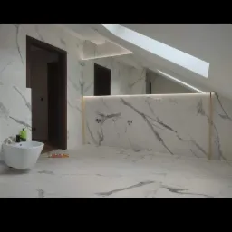 Wykończona łazienka na poddaszu z marmurowymi płytkami, wiszącym bidetem i oświetleniem LED pod lustrem.