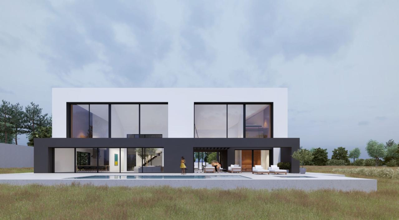 Dwukondygnacyjny, nowoczesny dom z płaskim dachem, dużymi oknami i basenem, widok z poziomu trawy, z relaksującymi się osobami na zewnątrz.