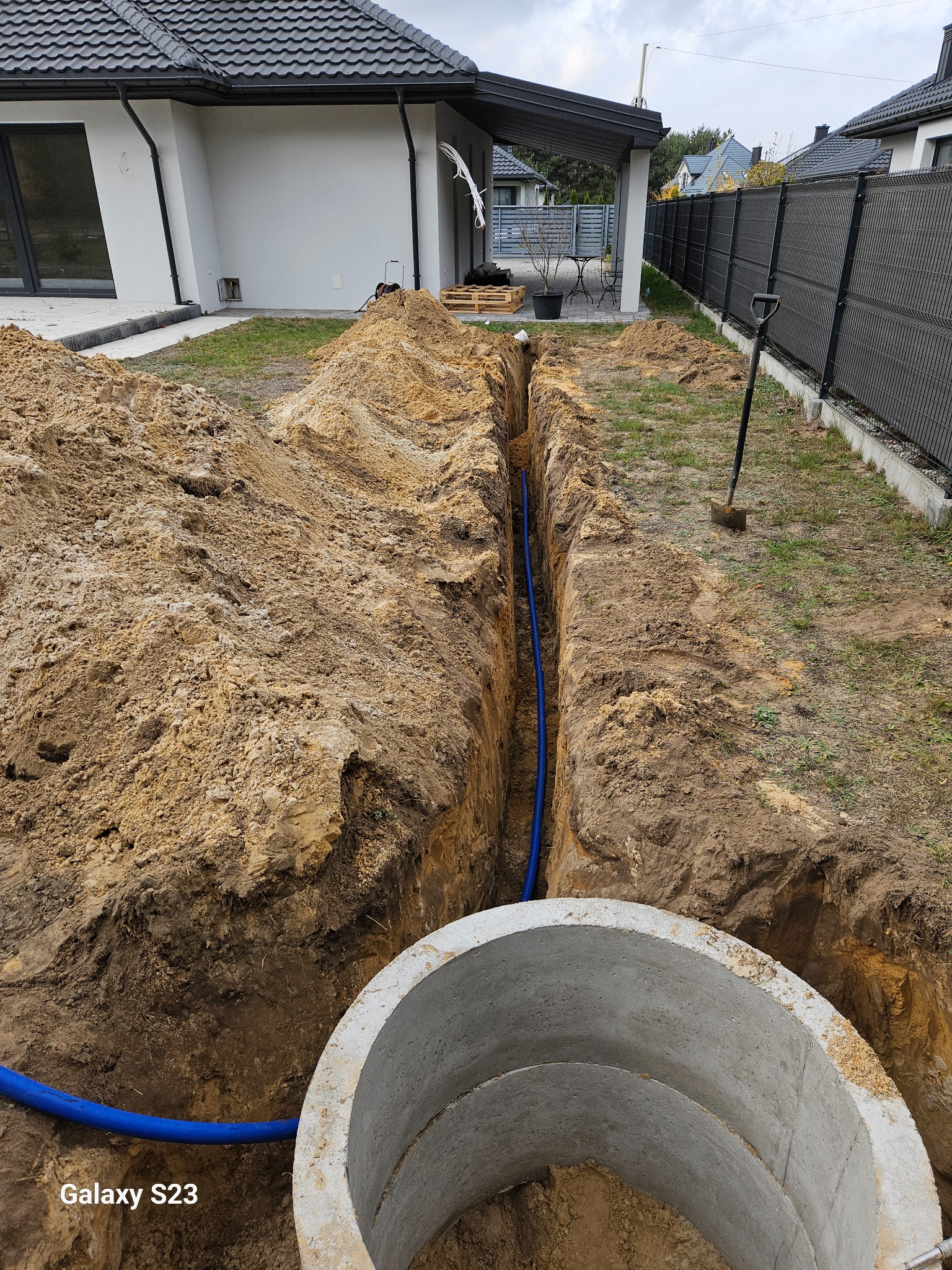 Wykopany wąski rów w ziemi z ułożoną niebieską rurą, widoczny betonowy krąg studzienny, szpadel wbity w ziemię obok rowu, w tle dom jednorodzinny i ogrodzenie.